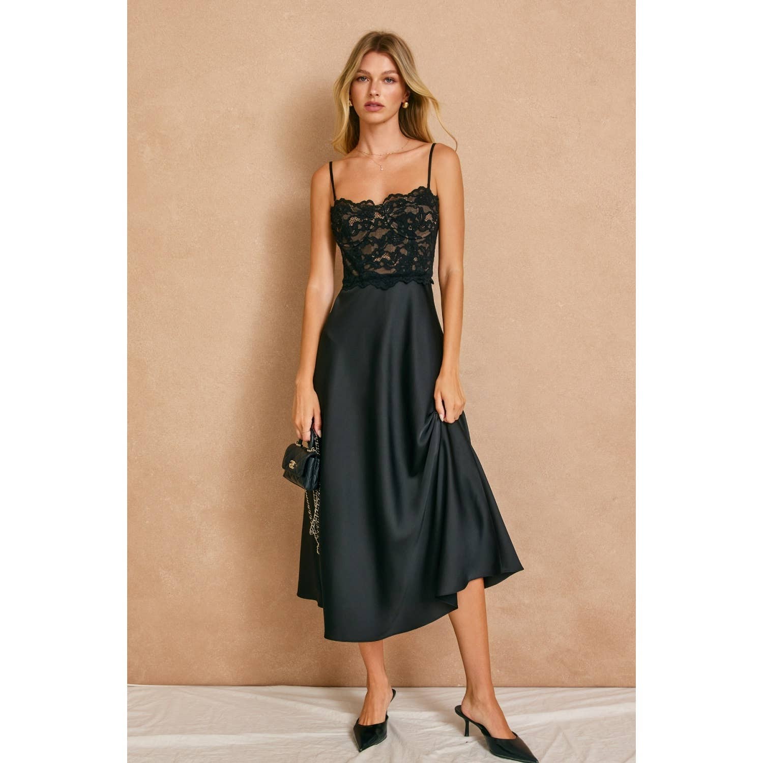 Quiet Luxe Convertible Lace and Satin Midi Dress