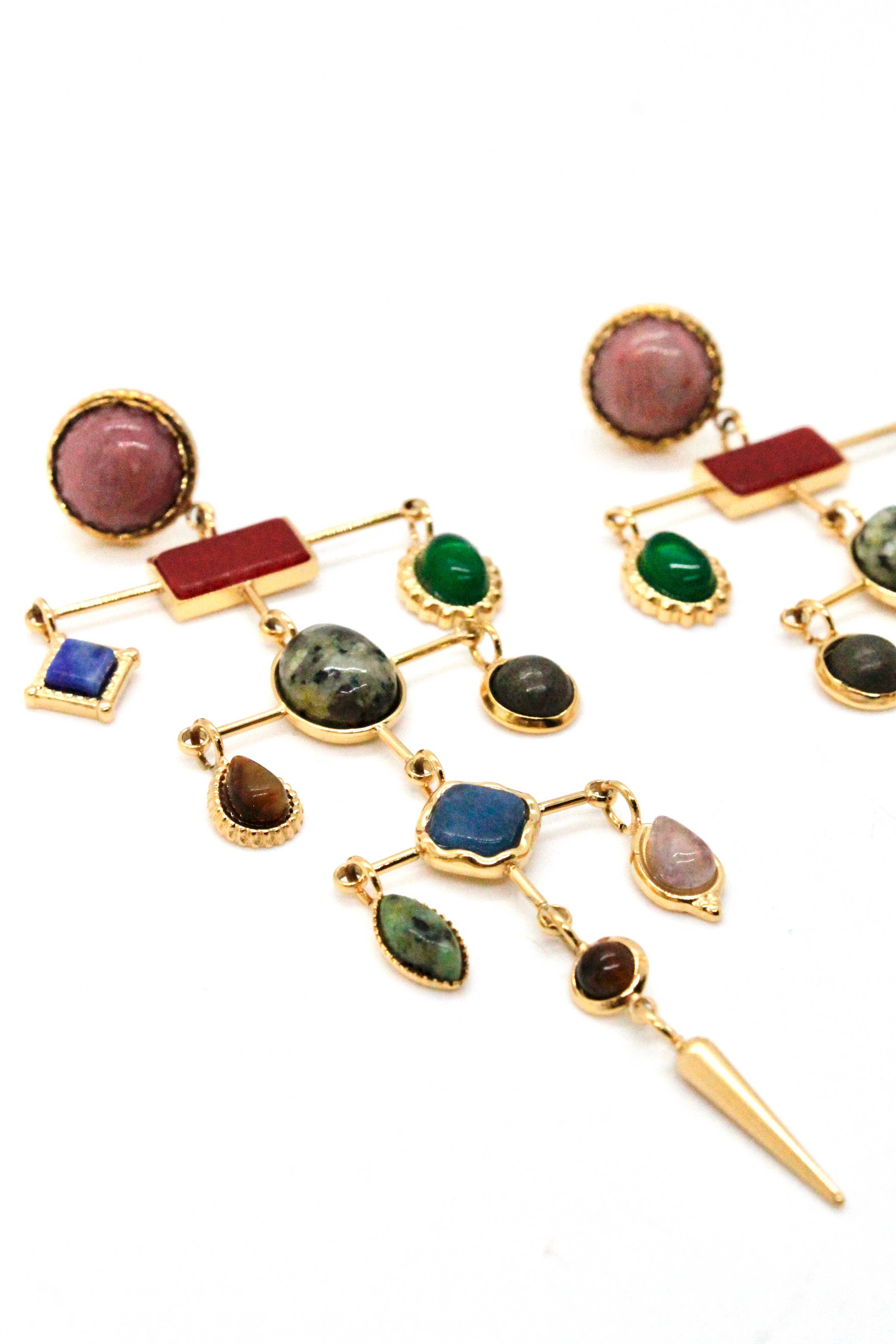 Museum Style Artsy Semi Precious Stone Mobile Earrings with colorful stones and gold-tone metal in a unique artistic design