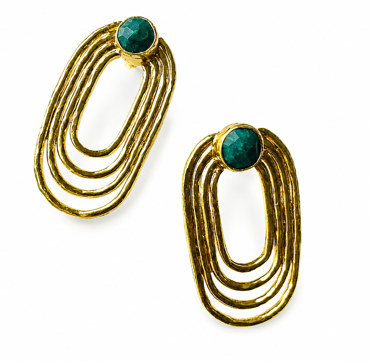 Jude Emerald Oval Earrings with gold toned layered oval frames and deep green stones