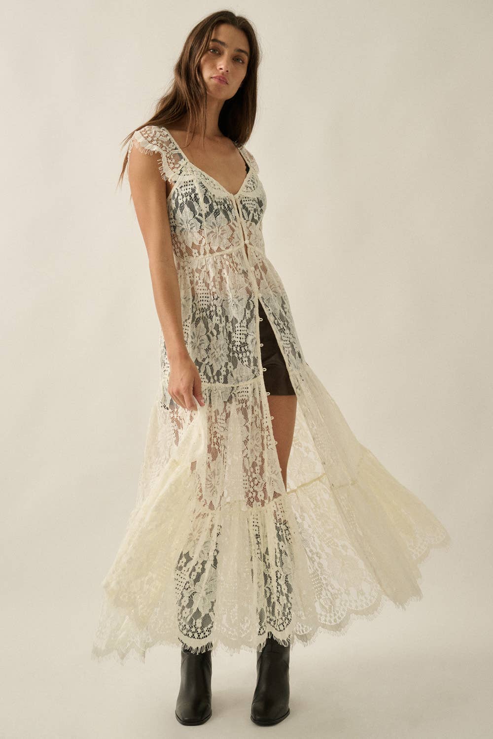 Sheer Floral Lace Button-Front Tiered-Ruffle Maxi Top