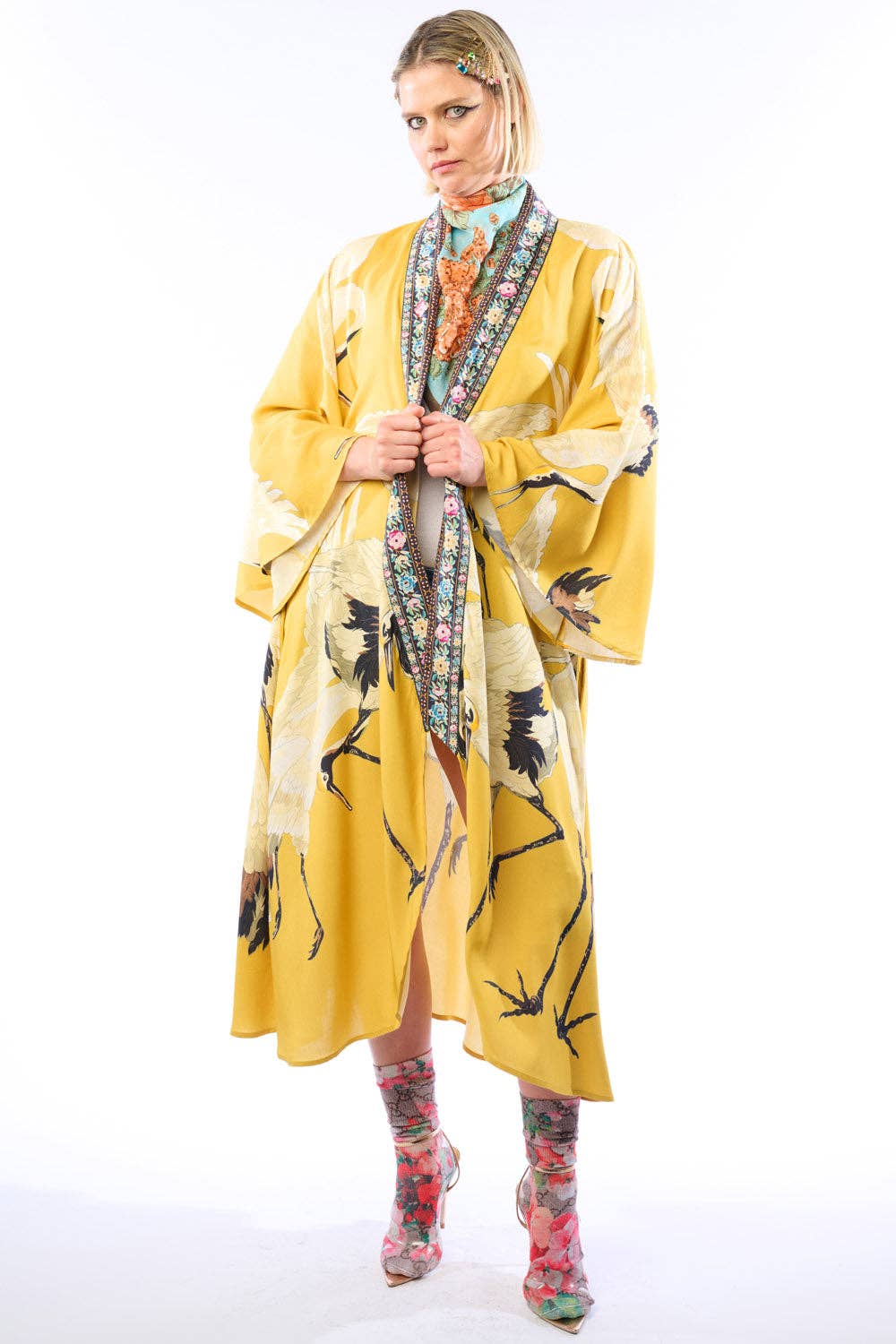 Story of the Crane Kimono - Mustard | Bohemian Coverup Robe