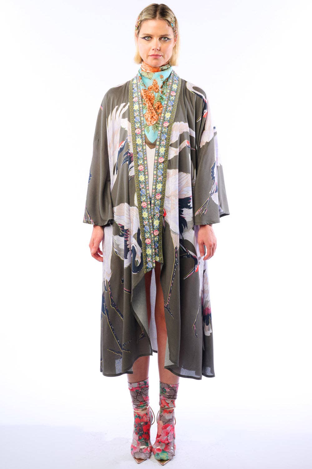 Story of the Crane Kimono - Charcoal | Bohemian Coverup Robe