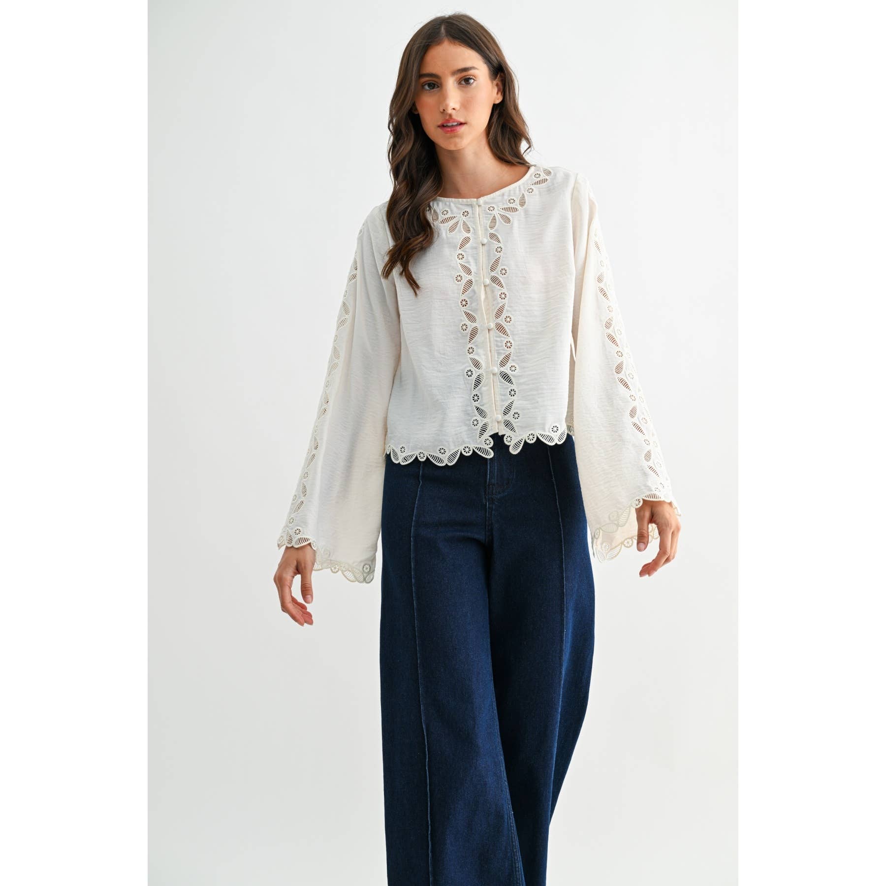 IVORY SCALLOPED EMBROIDERED LACE BUTTON BLOUSE