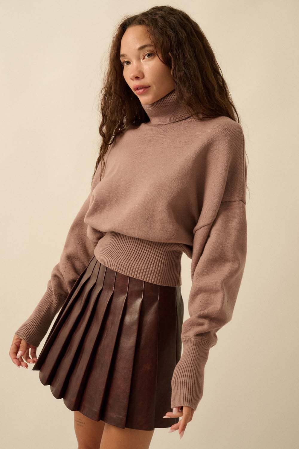 Solid Knit Banded-Hem Cropped Turtleneck Sweater