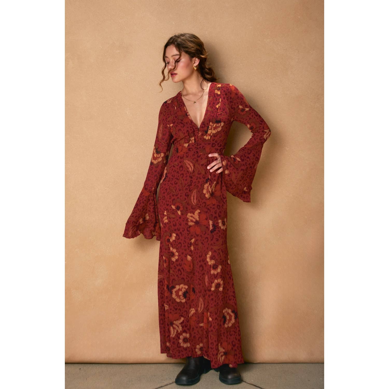 Harvest Mirage Ruffled Bell Sleeve Maxi Dress