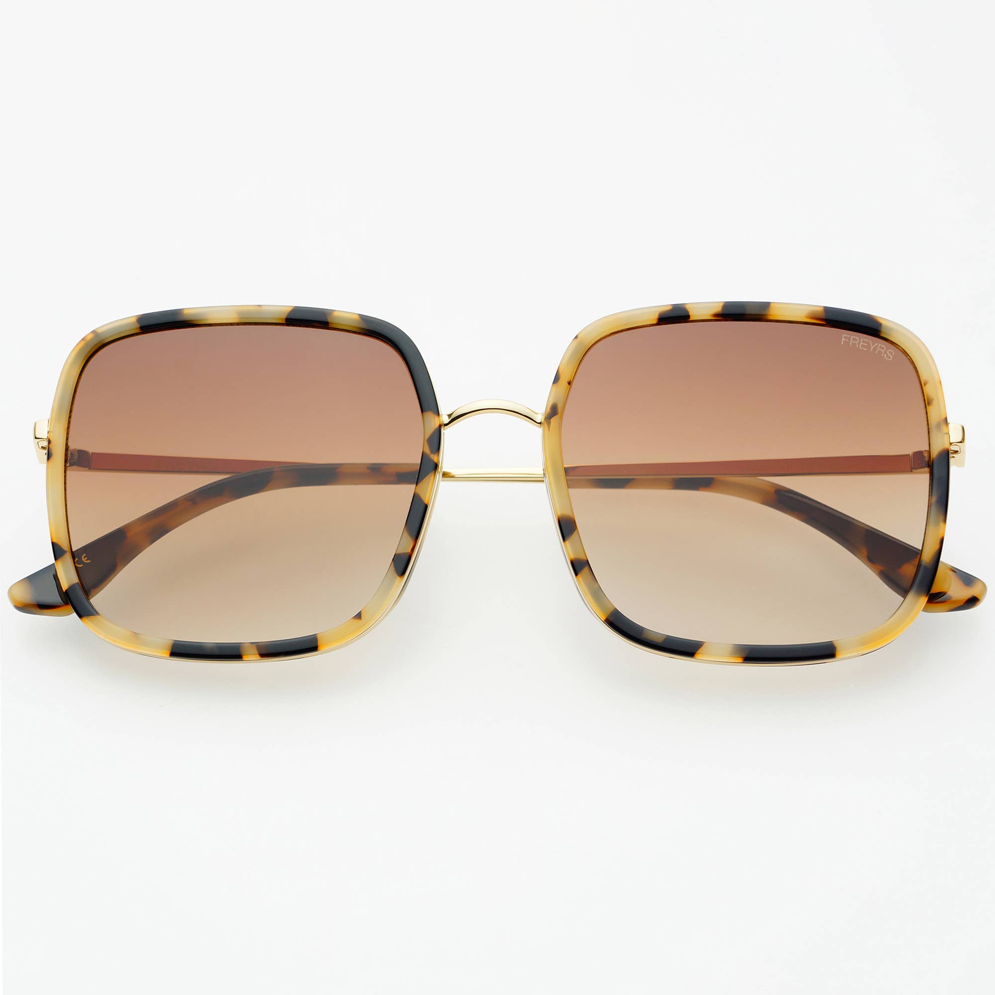 The Cosmo Acetate Womens Square Sunglasses by FREYRS Eyewear feature handmade tortoiseshell acetate frames, gold arms, and brown gradient lenses with 100% UV protection—combining premium style and safety on a white background.