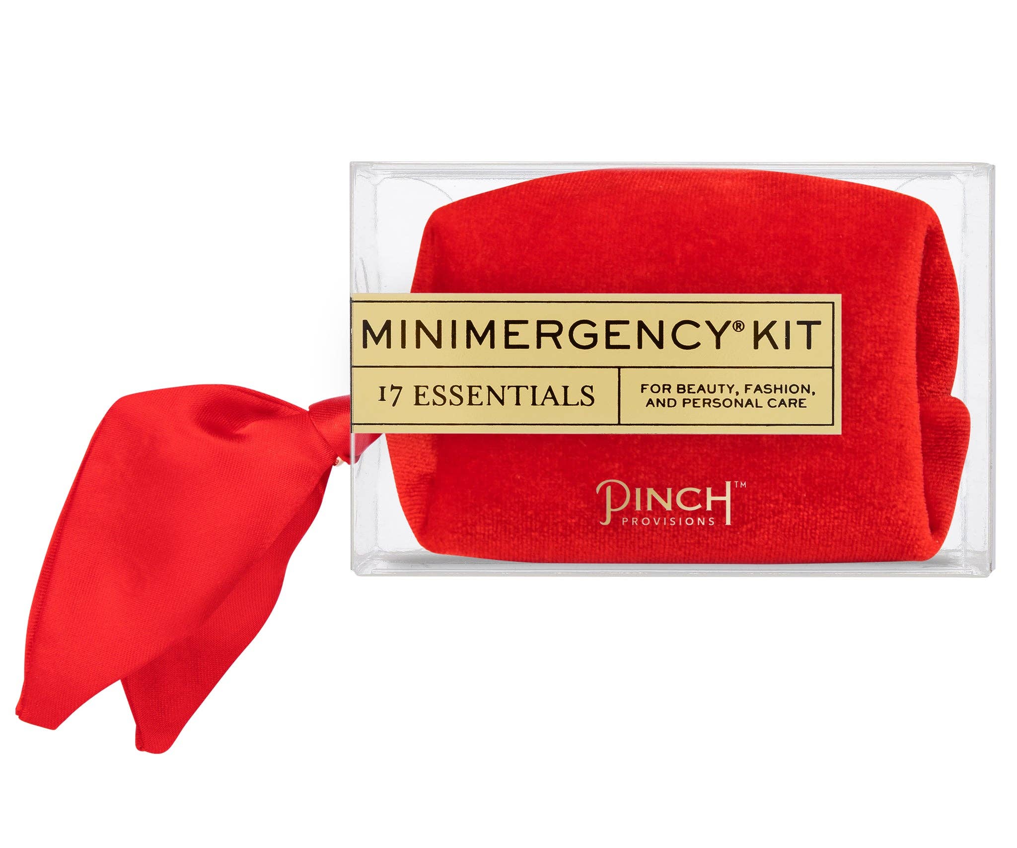 Velvet Scarf Minimergency Kit in bright red with 17 essentials for beauty, fashion, and personal care in clear packaging