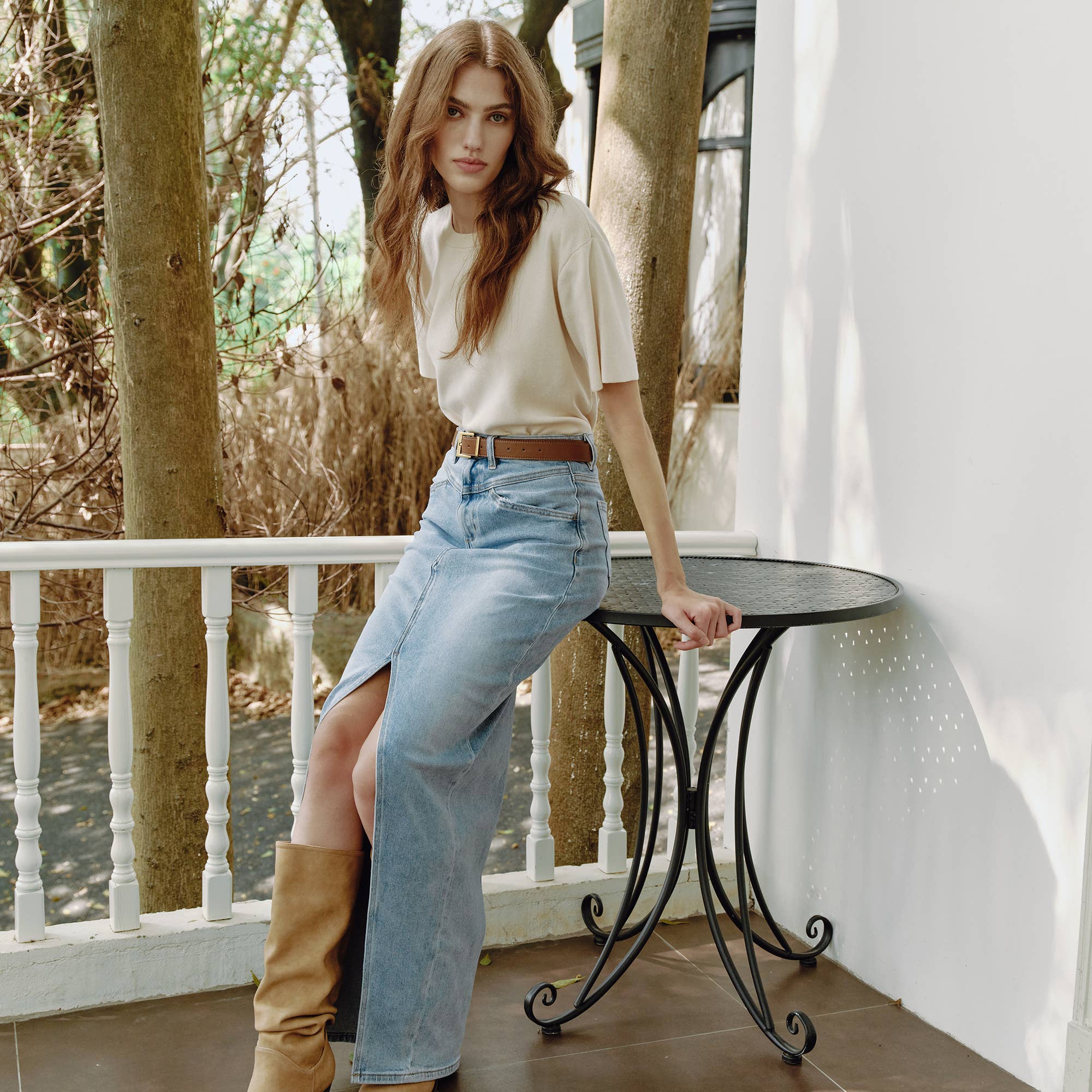 Periwinkle Blue High-Low Denim Skirt – Comfort Stretch