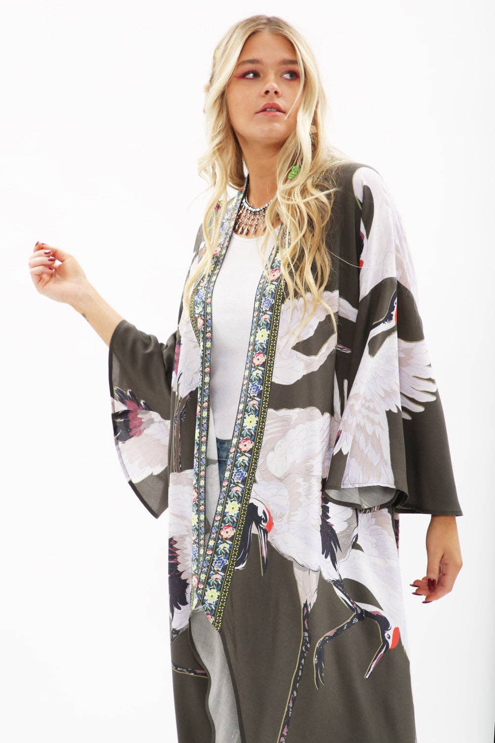 Story of the Crane Kimono - Charcoal | Bohemian Coverup Robe