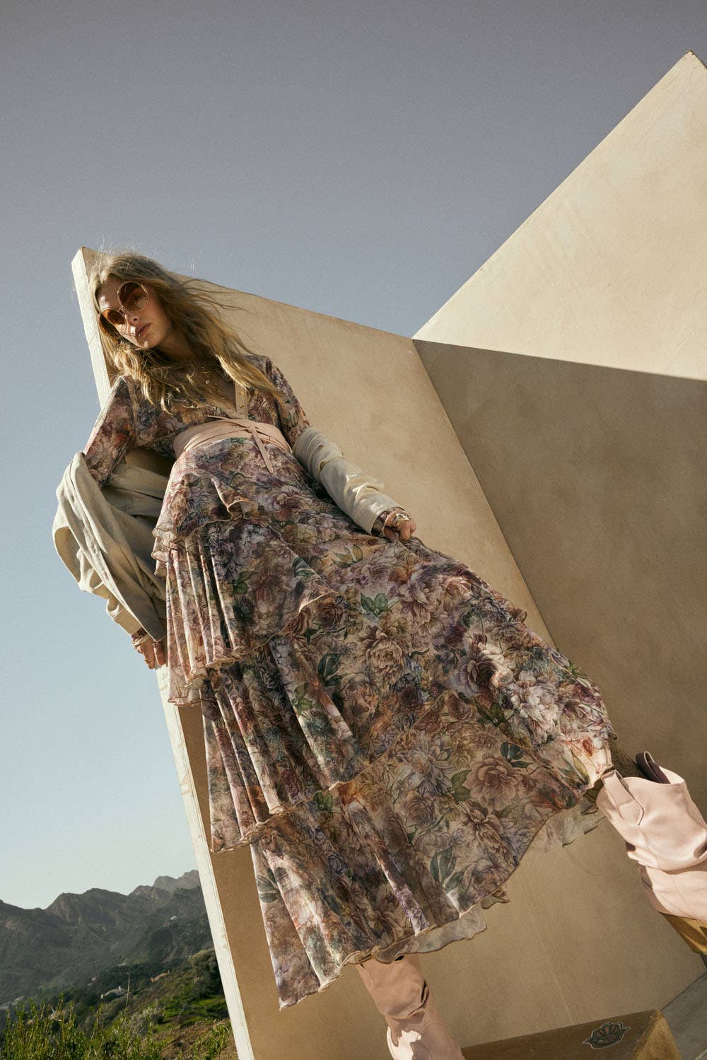 Floral-Print Mesh Tiered Side-Ruffle Maxi Skirt