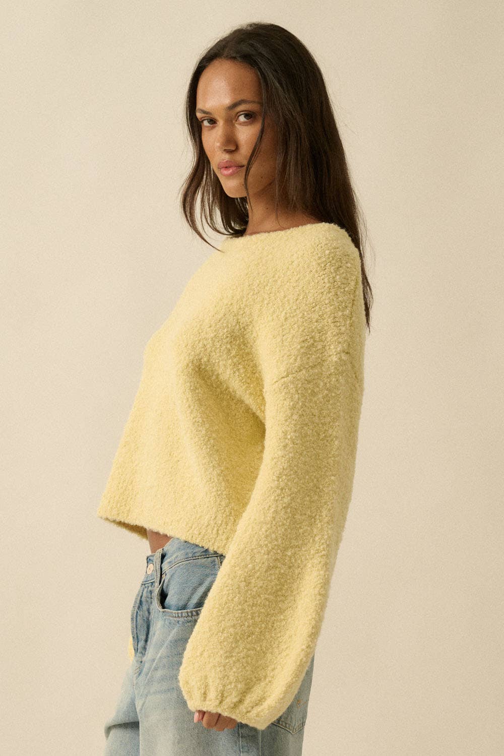 Textured Knit Bubble-Sleeve Sweater
