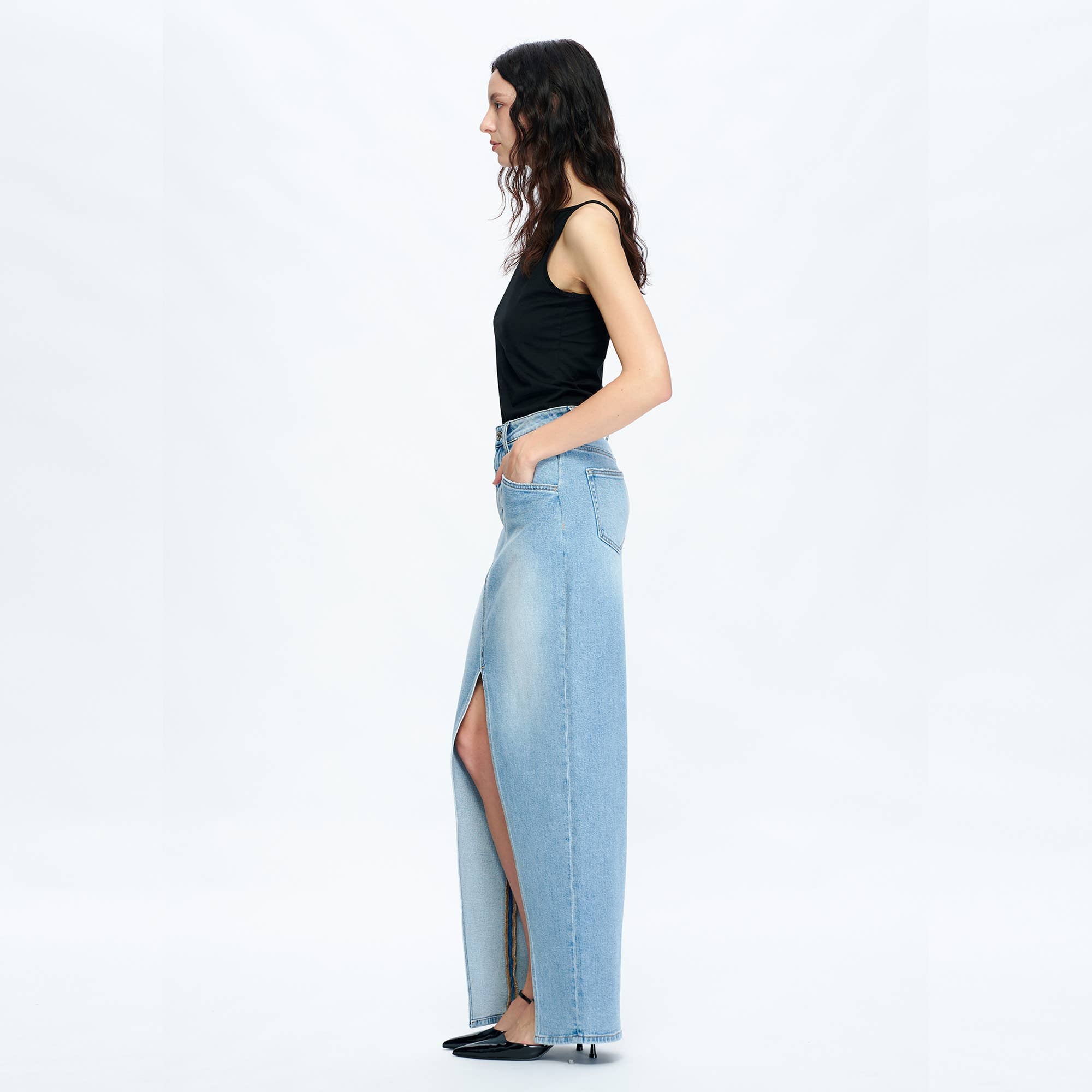 Periwinkle Blue High-Low Denim Skirt – Comfort Stretch