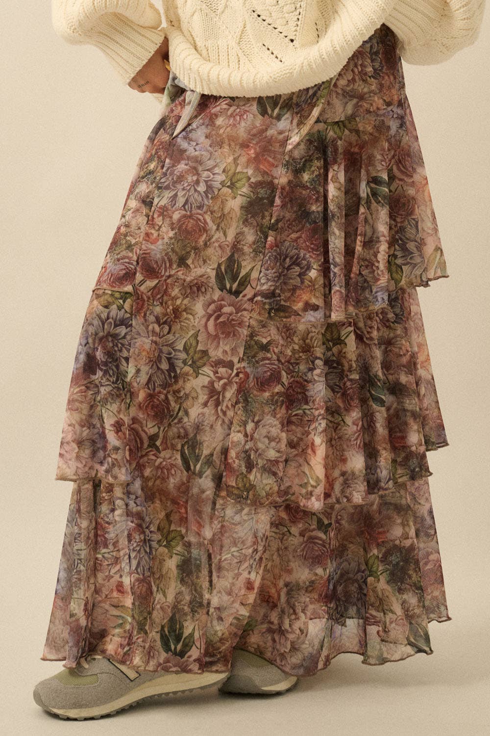 Floral-Print Mesh Tiered Side-Ruffle Maxi Skirt