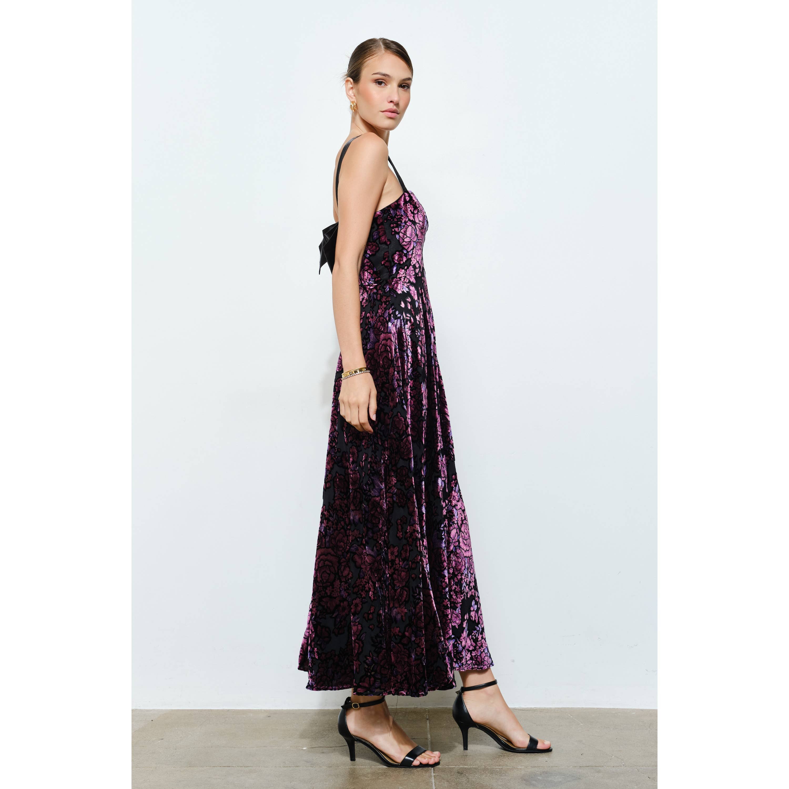 Velvet Floral Bow-Back A-Line Maxi Dress