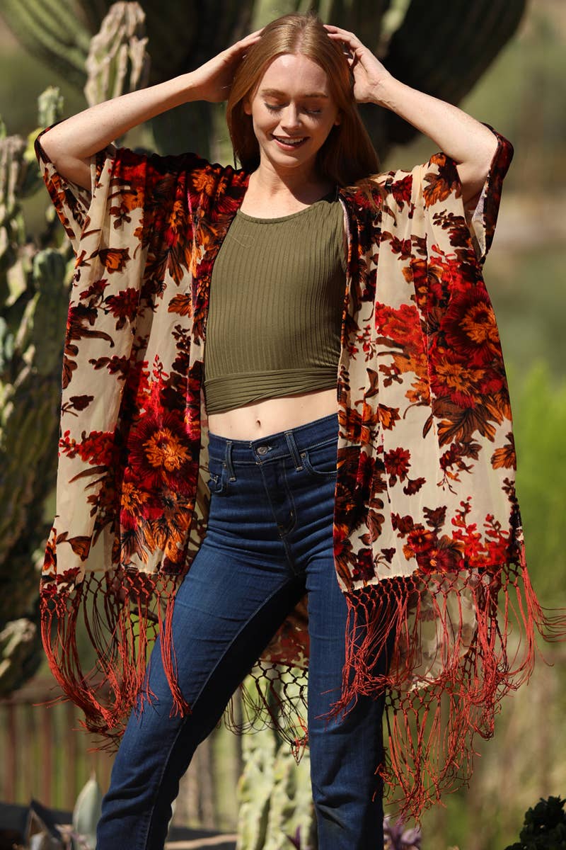X2ED8-ASIS BURNOUT VELVET FRINGE HEM KIMONO