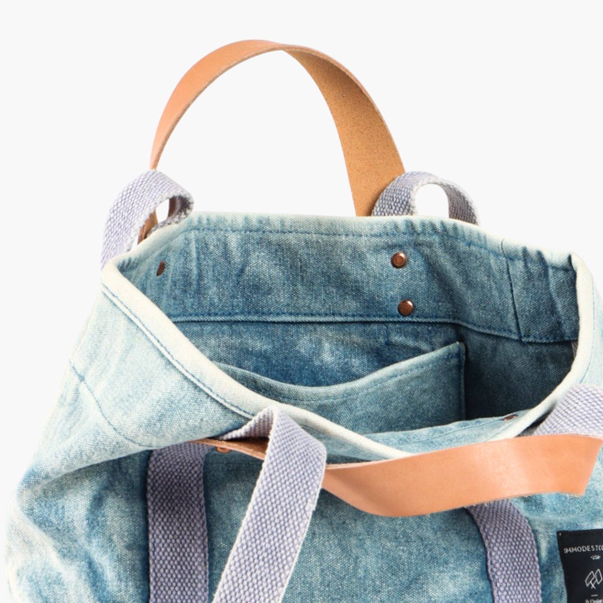 Open top view of blue acid wash tote bag with leather and canvas handles Lunch Tote | Acid Wash