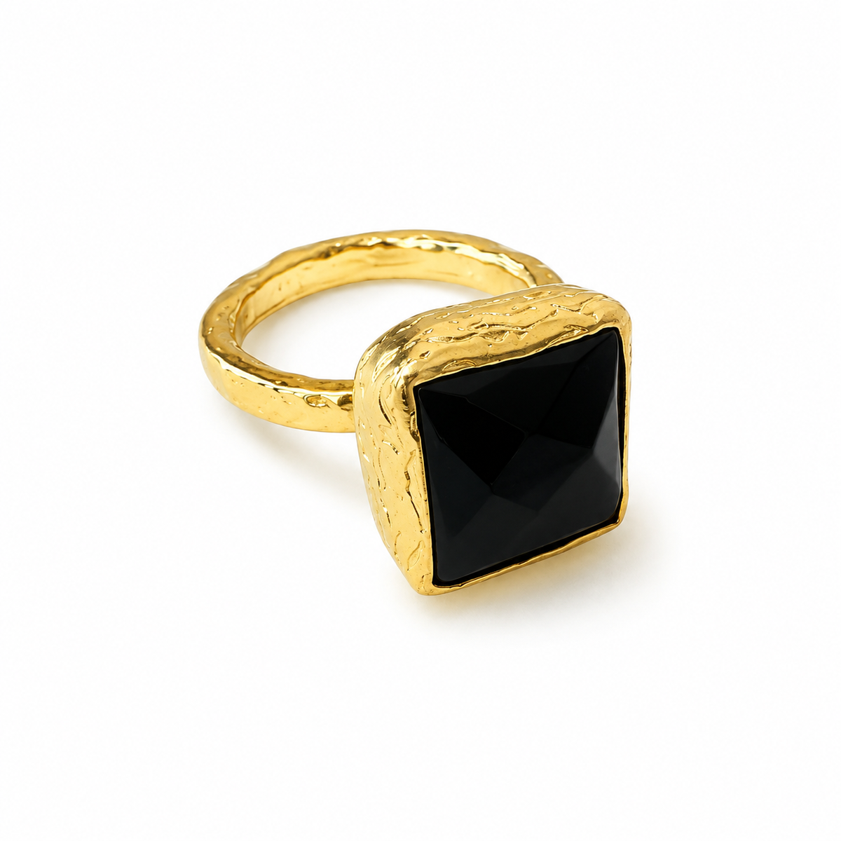 Siyah Onyx Ring with a faceted black stone and textured gold tone band