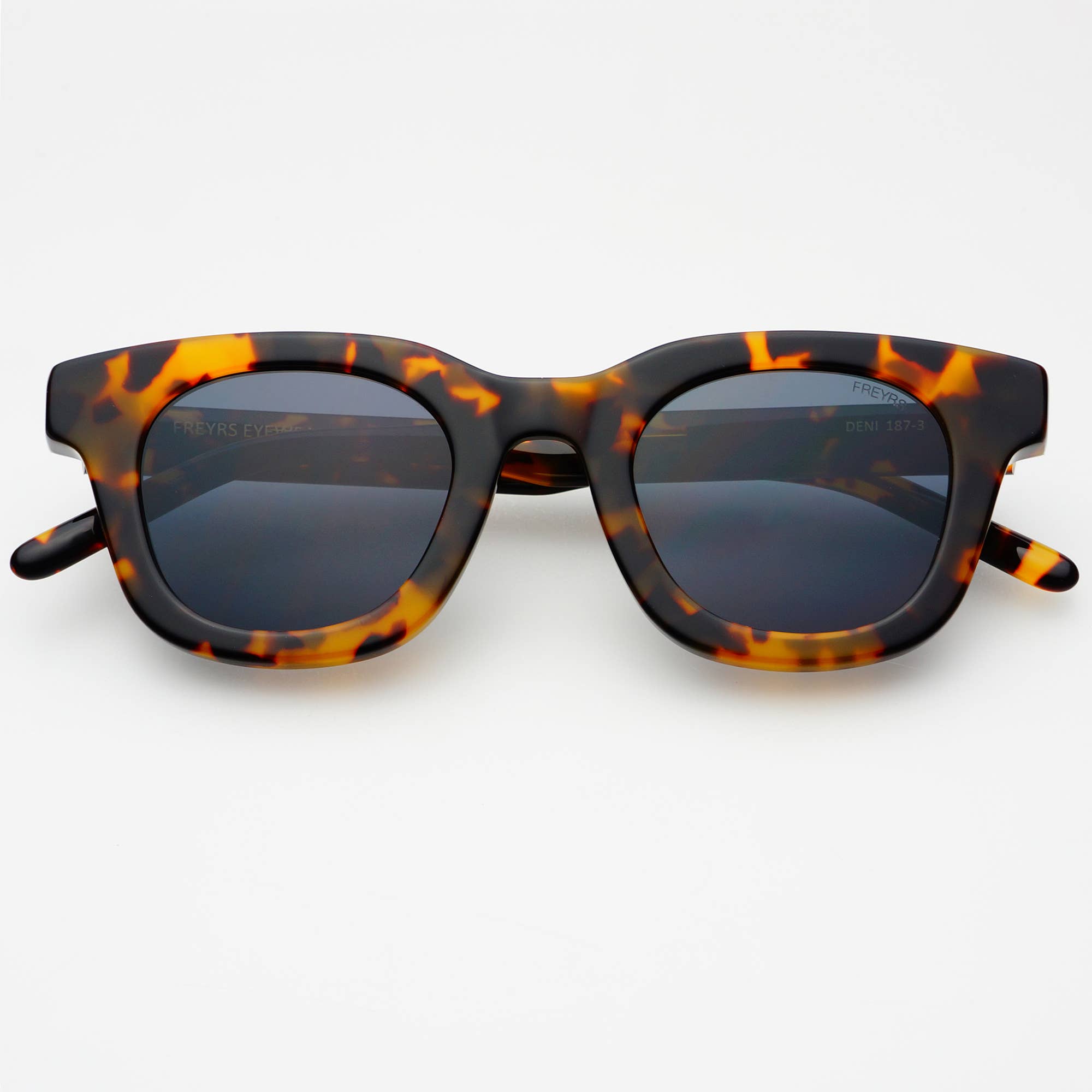 FREYRS Eyewear Deni Acetate Round Mens Sunglasses feature handmade tortoiseshell acetate frames and dark nylon lenses with UVA/UVB protection, shown on a white background.