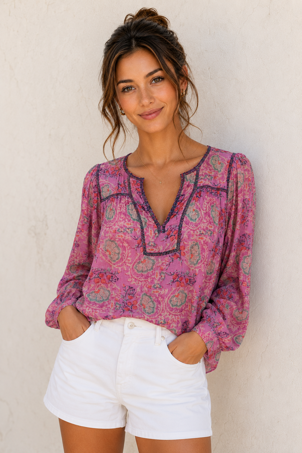 24112311-Pink Floral Split-Neck Boho Blouse with Contrast Tr