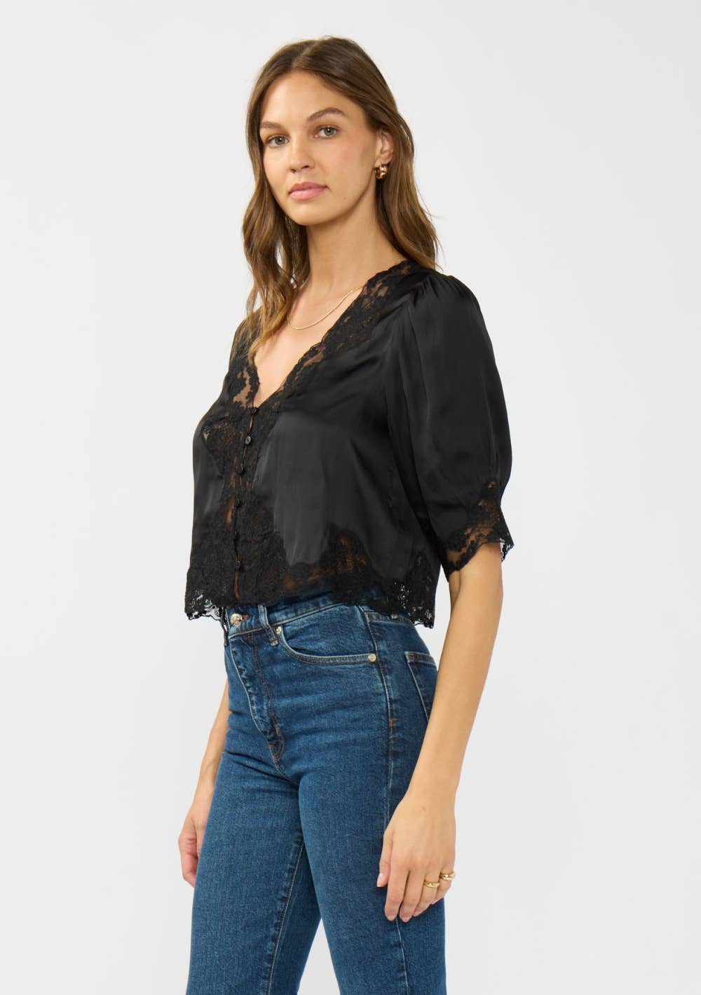 V-Neck Button Front Blouse with Lace Trim