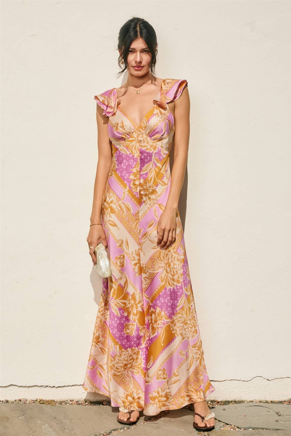Floral Scarf Flutter Open Back Maxi Dress