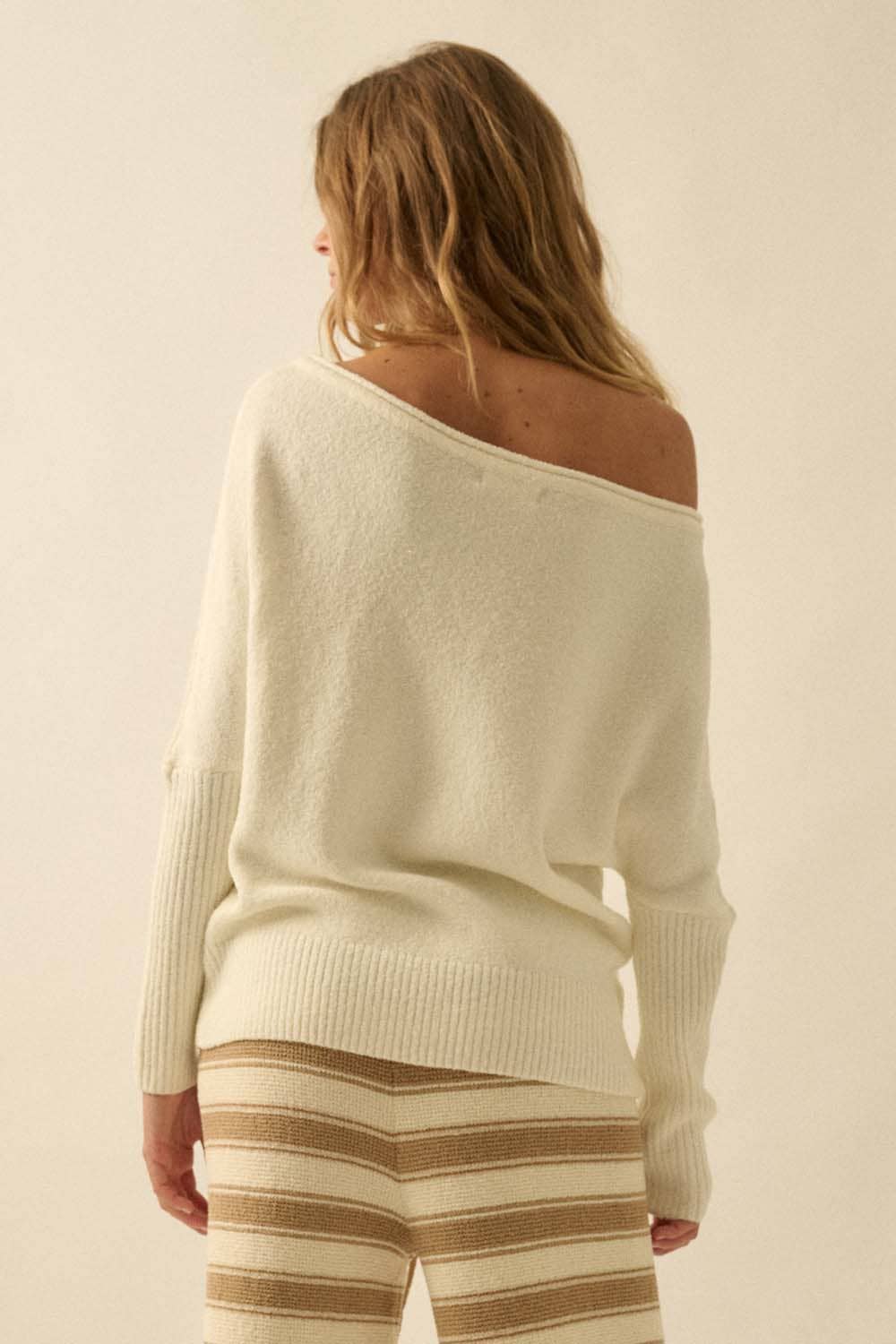 Textured Knit One-Shoulder Boatneck Dolman Sweater