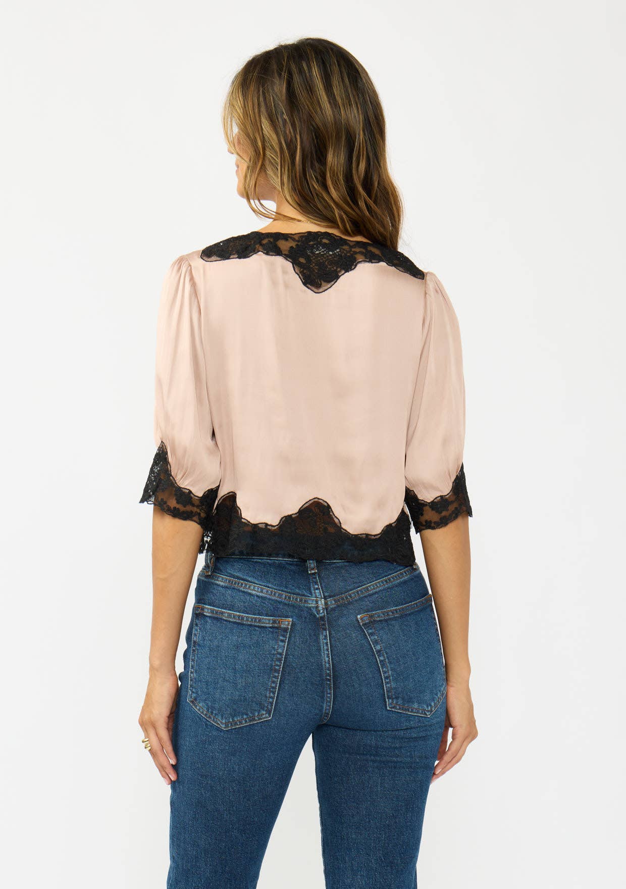 V-Neck Button Front Blouse with Lace Trim