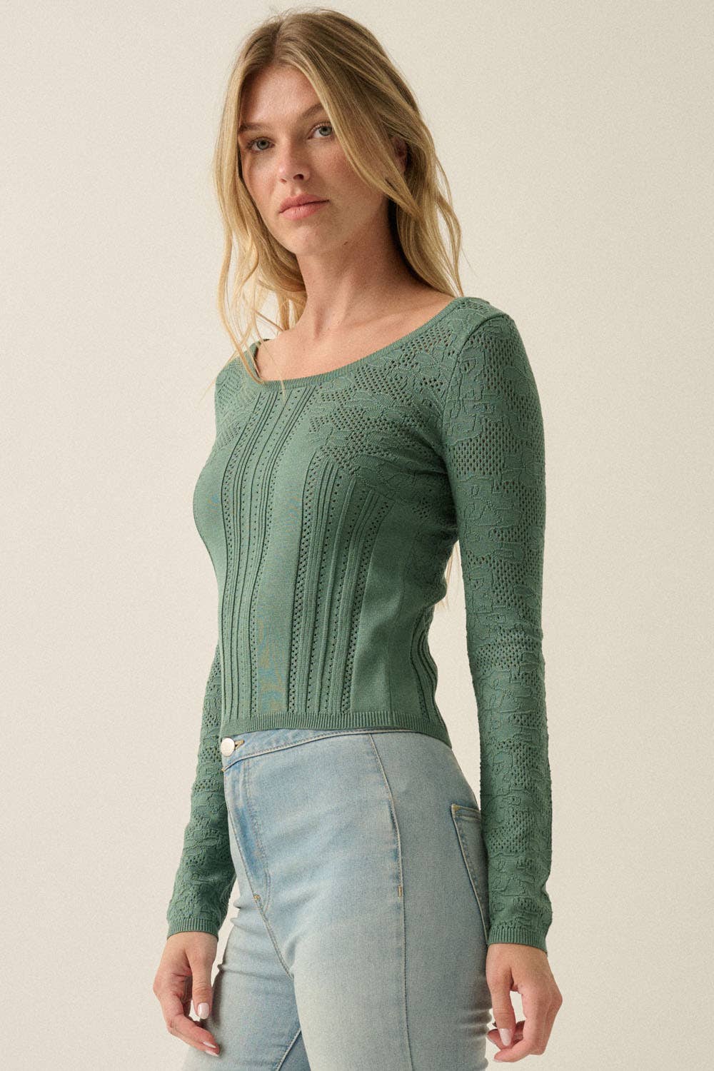 Floral Pointelle and Ribbed Knit Fitted Long-Sleeve Top